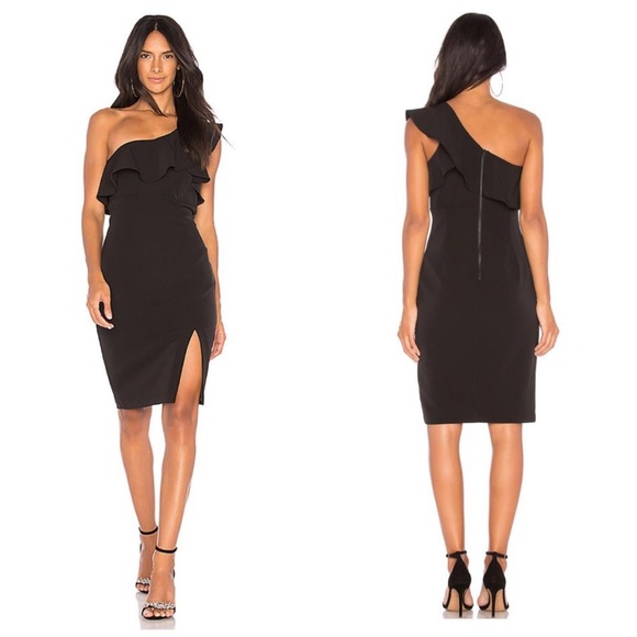 Bardot Dresses & Skirts - Bardot One Shoulder Ruffle Slit Black Dress